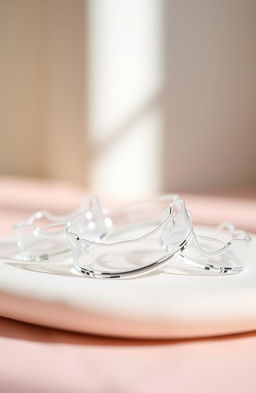 A close-up display of clear aligners beautifully arranged on a soft, delicate surface, showcasing their transparent design and sleek appearance