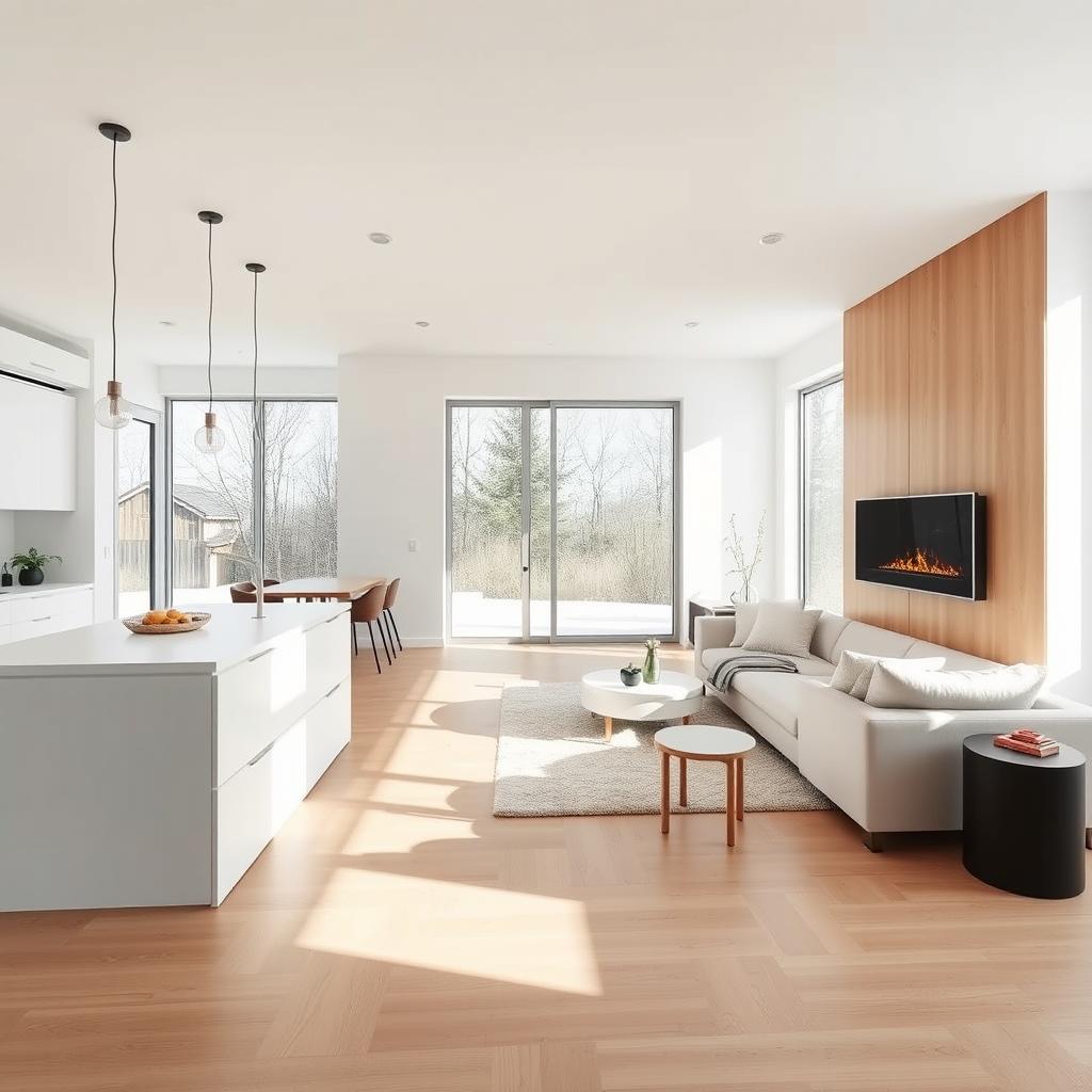 A spacious open-plan living and dining area with an integrated kitchen, measuring 7x9 meters, featuring a dominant white and beech color palette