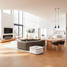 A spacious open-plan living and dining area with an integrated kitchen, measuring 7x9 meters, featuring a dominant white and beech color palette