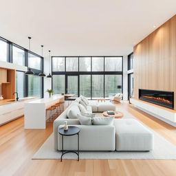 A spacious open-plan living and dining area with an integrated kitchen, measuring 7x9 meters, featuring a dominant white and beech color palette