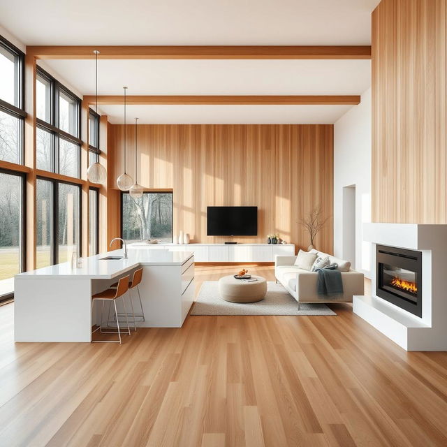 A spacious open-plan living and dining area with an integrated kitchen, measuring 7x9 meters, featuring a dominant white and beech color palette