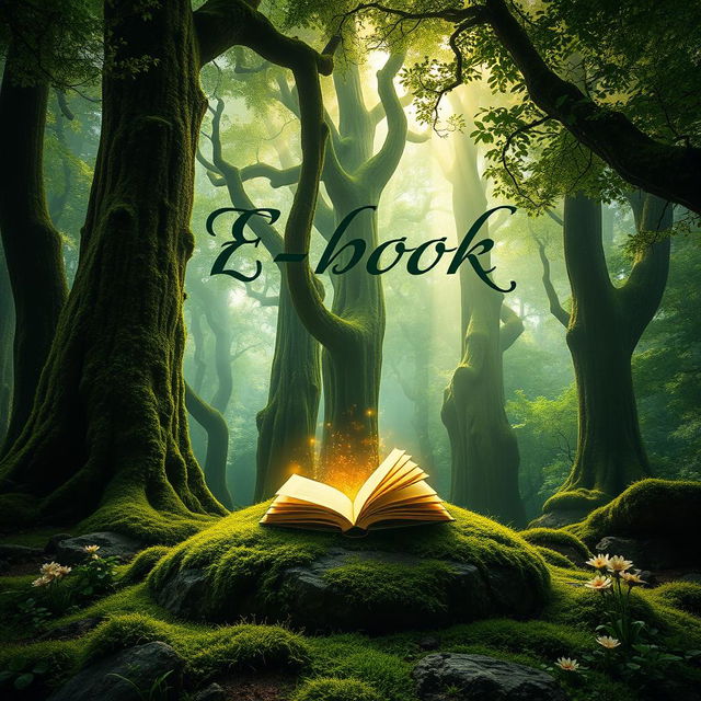 A captivating e-book cover design featuring a mystical forest scene