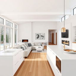 A beautifully designed Nordic-style living-dining room integrated with a kitchen, showcasing a white and beech color scheme with a predominance of white