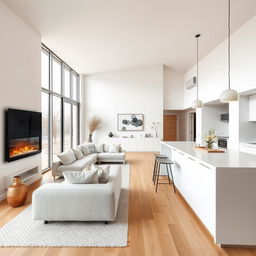 A beautifully designed Nordic-style living-dining room integrated with a kitchen, showcasing a white and beech color scheme with a predominance of white