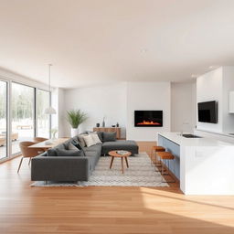 A beautifully designed Nordic-style living-dining room integrated with a kitchen, showcasing a white and beech color scheme with a predominance of white