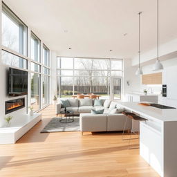 A beautifully designed Nordic-style living-dining room integrated with a kitchen, showcasing a white and beech color scheme with a predominance of white