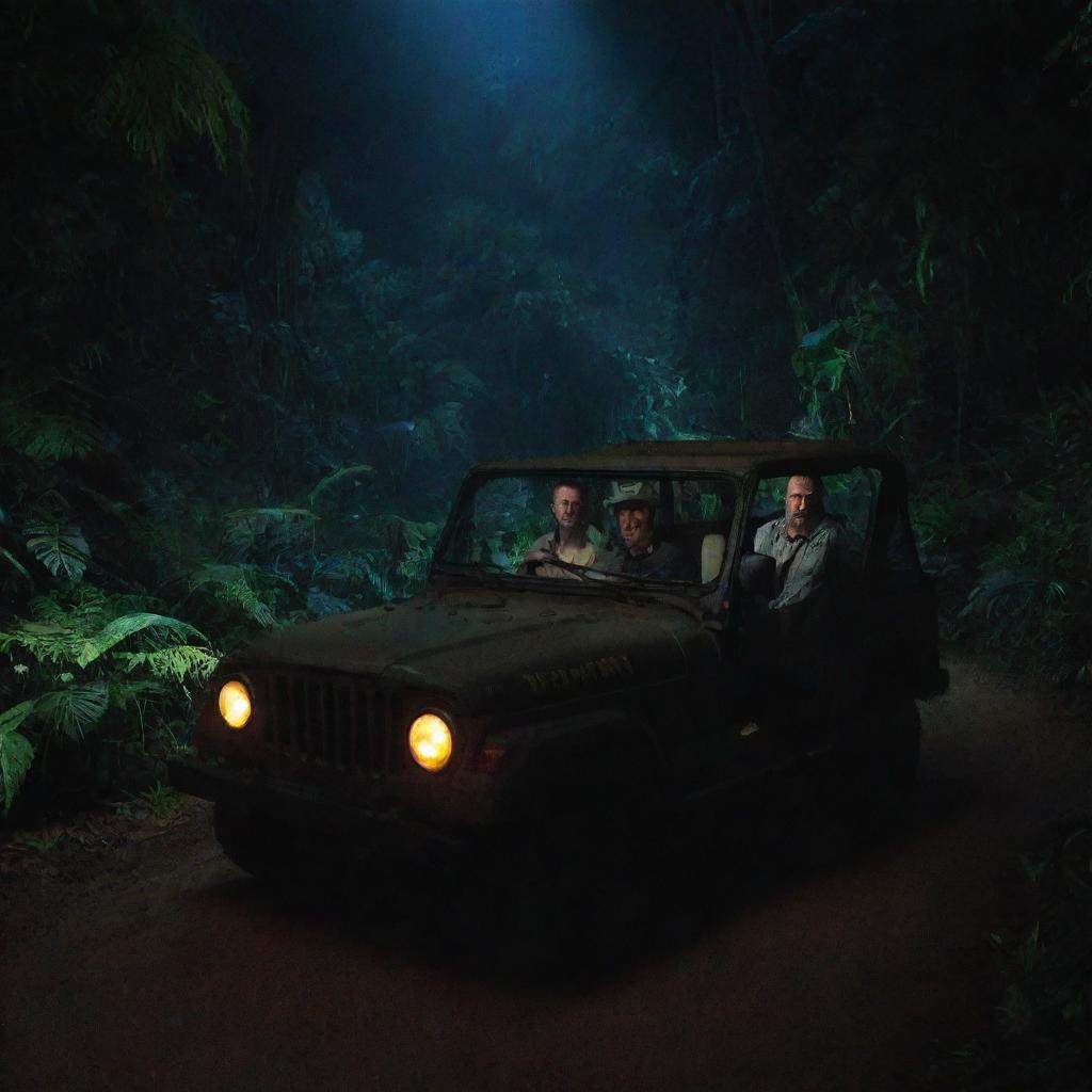 Adjust the image to illustrate Alan Grant and John Hammond stepping out of the Jeep and entering the Jurassic Park Visitor Center, its glow illuminating the surrounding jungle at night.