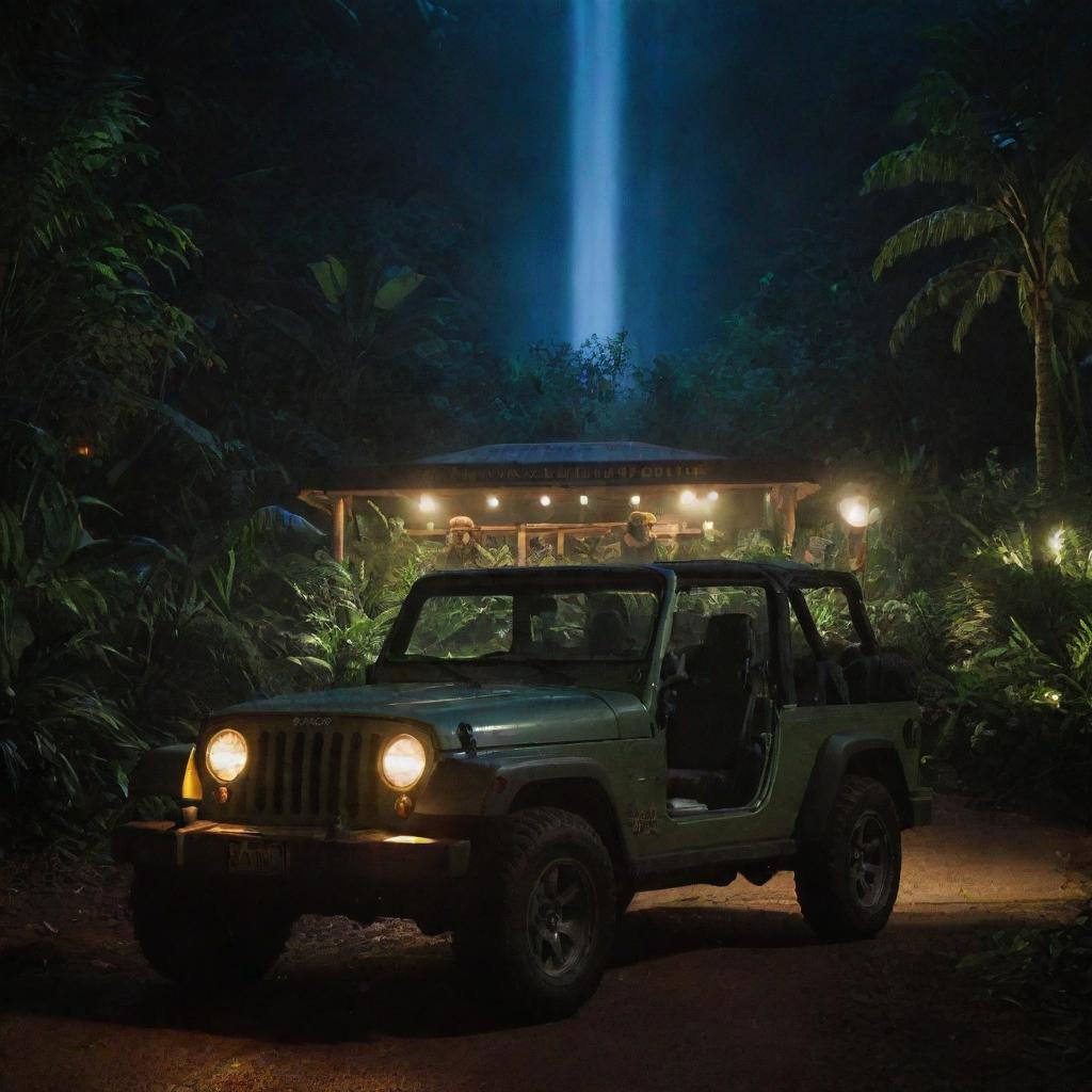 Adjust the image to illustrate Alan Grant and John Hammond stepping out of the Jeep and entering the Jurassic Park Visitor Center, its glow illuminating the surrounding jungle at night.