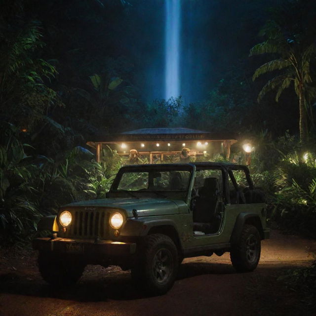 Adjust the image to illustrate Alan Grant and John Hammond stepping out of the Jeep and entering the Jurassic Park Visitor Center, its glow illuminating the surrounding jungle at night.