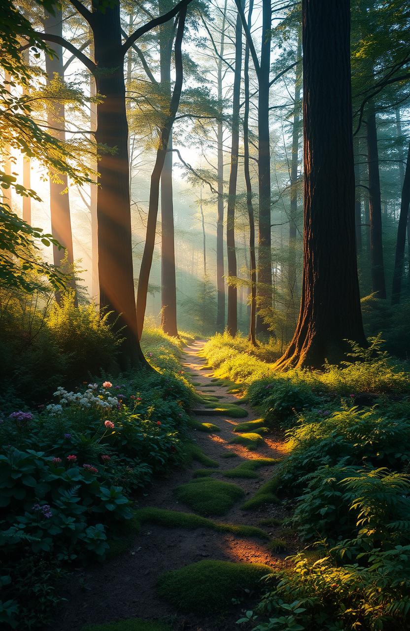 A mystical forest scene depicting a winding, lost path through a dense, enchanted wood under a soft, golden sunlight filtering through the tree canopy