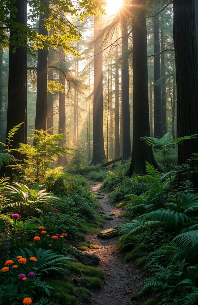 A mystical forest scene depicting a winding, lost path through a dense, enchanted wood under a soft, golden sunlight filtering through the tree canopy