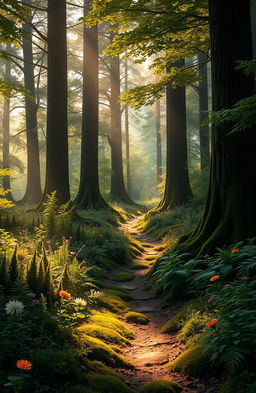 A mystical forest scene depicting a winding, lost path through a dense, enchanted wood under a soft, golden sunlight filtering through the tree canopy