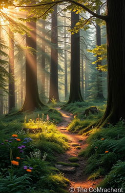 A mystical forest scene depicting a winding, lost path through a dense, enchanted wood under a soft, golden sunlight filtering through the tree canopy