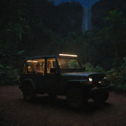 Adjust the image to illustrate Alan Grant and John Hammond stepping out of the Jeep and entering the Jurassic Park Visitor Center, its glow illuminating the surrounding jungle at night.