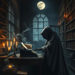 A captivating image depicting a mysterious ghostwriter working in an old library at night