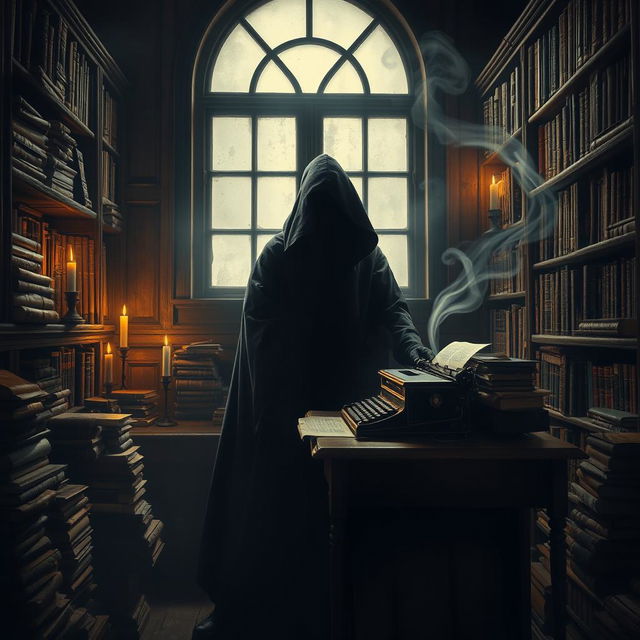 A captivating image depicting a mysterious ghostwriter working in an old library at night