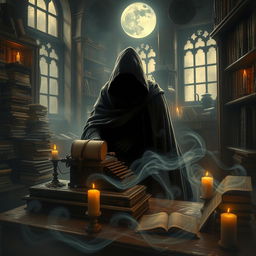 A captivating image depicting a mysterious ghostwriter working in an old library at night