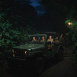 Adjust the image to illustrate Alan Grant and John Hammond stepping out of the Jeep and entering the Jurassic Park Visitor Center, its glow illuminating the surrounding jungle at night.