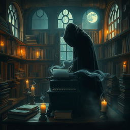 A captivating image depicting a mysterious ghostwriter working in an old library at night