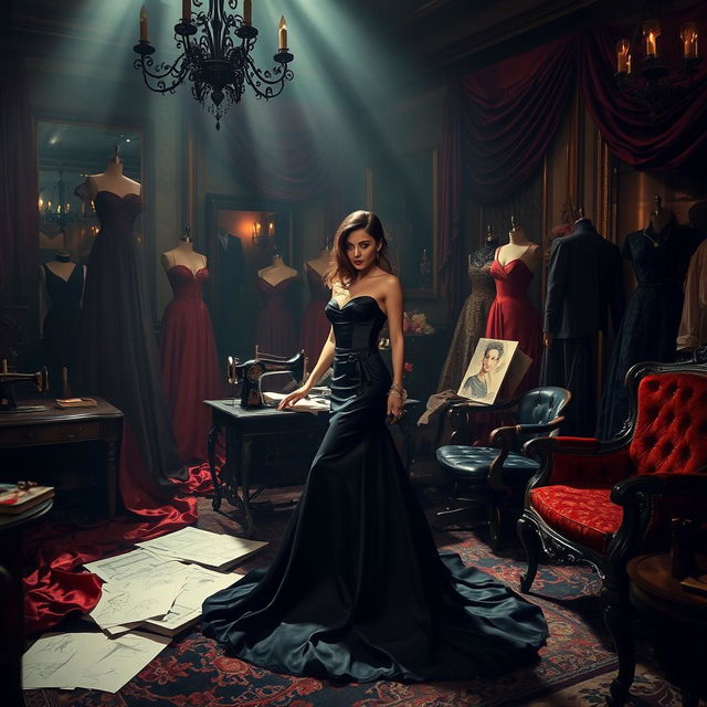 A dark romance fashion designer inside a lavish, dimly lit studio, surrounded by elaborate couture designs and luxurious fabrics