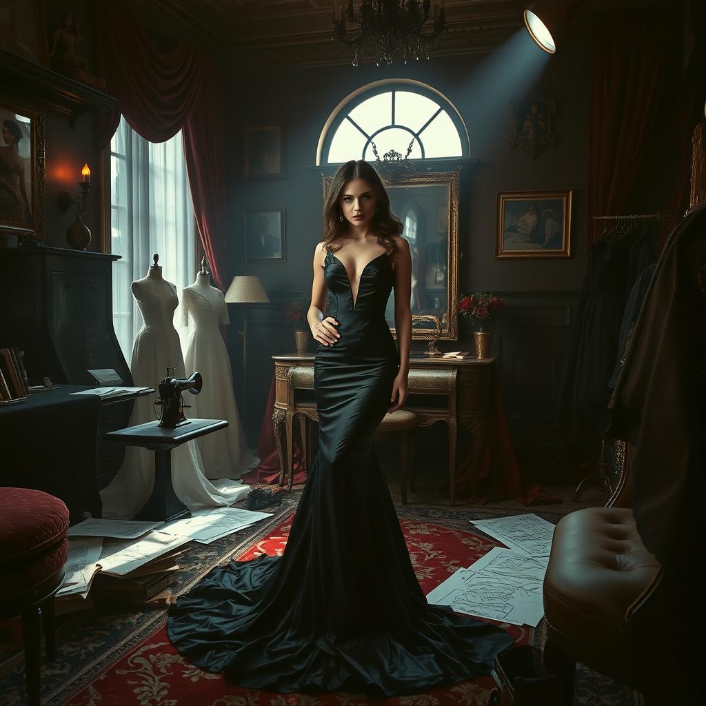 A dark romance fashion designer inside a lavish, dimly lit studio, surrounded by elaborate couture designs and luxurious fabrics