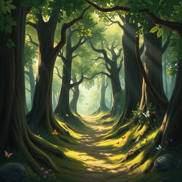 A captivating scene from 'The Lost Path: Finding Home in the Deep Woods', illustrating a winding, overgrown trail leading through a lush, enchanting forest