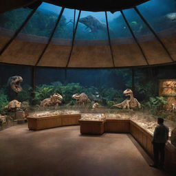 Alter the image to represent Alan Grant and John Hammond inside the well-lit Visitor Center of Jurassic Park, filled with high-tech displays, dinosaur fossils, and large, panorama windows revealing the island's nocturnal life.