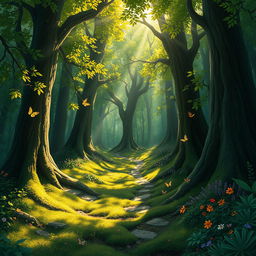 A captivating scene from 'The Lost Path: Finding Home in the Deep Woods', illustrating a winding, overgrown trail leading through a lush, enchanting forest