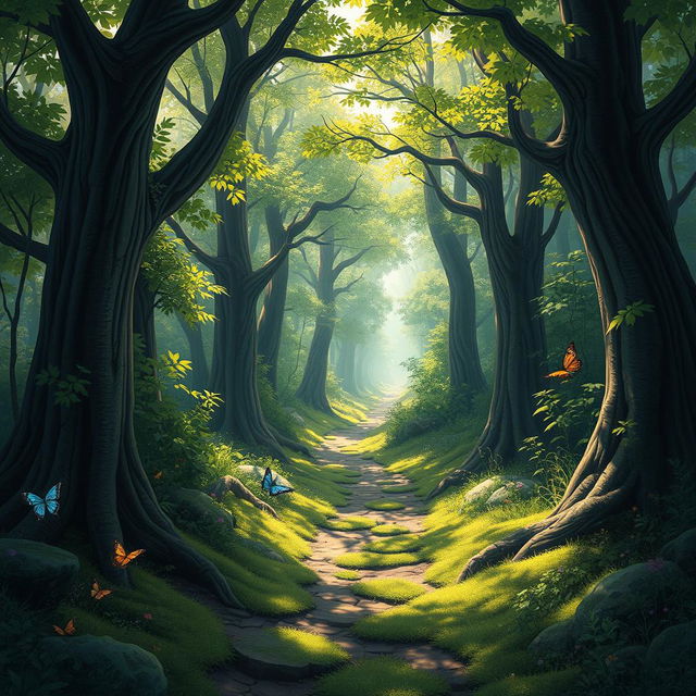 A captivating scene from 'The Lost Path: Finding Home in the Deep Woods', illustrating a winding, overgrown trail leading through a lush, enchanting forest