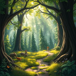A captivating scene from 'The Lost Path: Finding Home in the Deep Woods', illustrating a winding, overgrown trail leading through a lush, enchanting forest