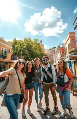 A stunningly picturesque scene capturing a group of friends traveling through a vibrant city, with colorful buildings lining the streets and small cafes bustling with life