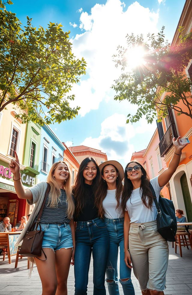 A stunningly picturesque scene capturing a group of friends traveling through a vibrant city, with colorful buildings lining the streets and small cafes bustling with life