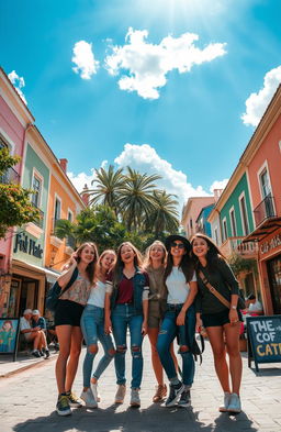 A stunningly picturesque scene capturing a group of friends traveling through a vibrant city, with colorful buildings lining the streets and small cafes bustling with life