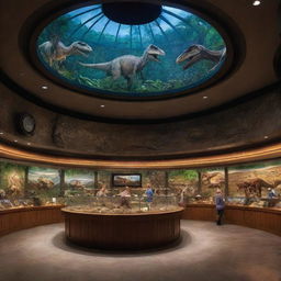 Alter the image to represent Alan Grant and John Hammond inside the well-lit Visitor Center of Jurassic Park, filled with high-tech displays, dinosaur fossils, and large, panorama windows revealing the island's nocturnal life.