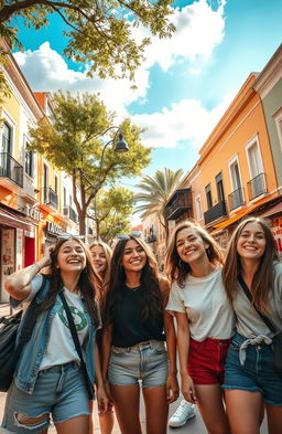 A stunningly picturesque scene capturing a group of friends traveling through a vibrant city, with colorful buildings lining the streets and small cafes bustling with life