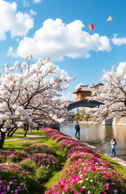 A picturesque scene depicting the beauty of spring travel, featuring blooming cherry blossom trees along a tranquil riverbank, with vibrant flowers carpeting the ground