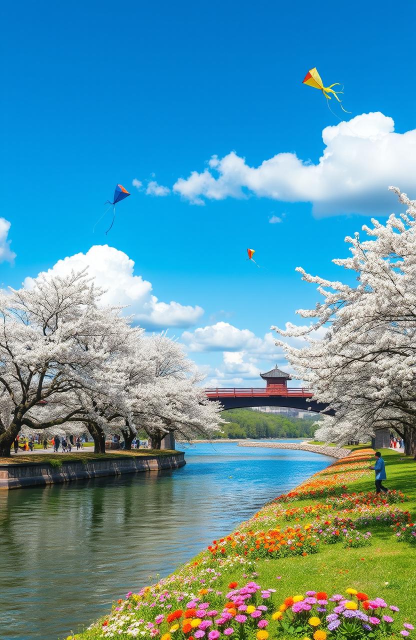 A picturesque scene depicting the beauty of spring travel, featuring blooming cherry blossom trees along a tranquil riverbank, with vibrant flowers carpeting the ground