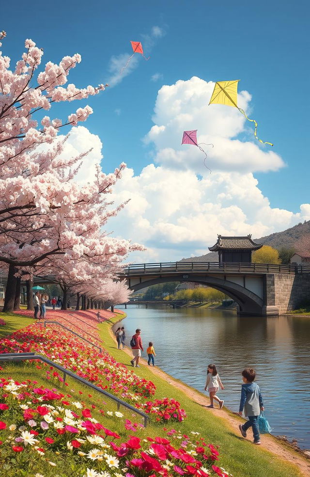 A picturesque scene depicting the beauty of spring travel, featuring blooming cherry blossom trees along a tranquil riverbank, with vibrant flowers carpeting the ground