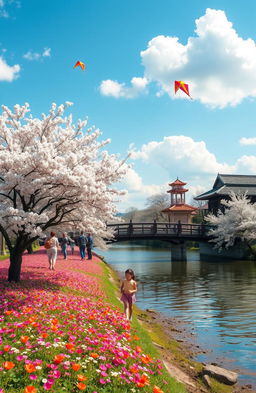A picturesque scene depicting the beauty of spring travel, featuring blooming cherry blossom trees along a tranquil riverbank, with vibrant flowers carpeting the ground