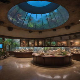 Alter the image to represent Alan Grant and John Hammond inside the well-lit Visitor Center of Jurassic Park, filled with high-tech displays, dinosaur fossils, and large, panorama windows revealing the island's nocturnal life.