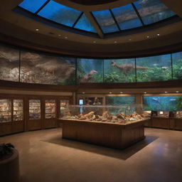 Alter the image to represent Alan Grant and John Hammond inside the well-lit Visitor Center of Jurassic Park, filled with high-tech displays, dinosaur fossils, and large, panorama windows revealing the island's nocturnal life.