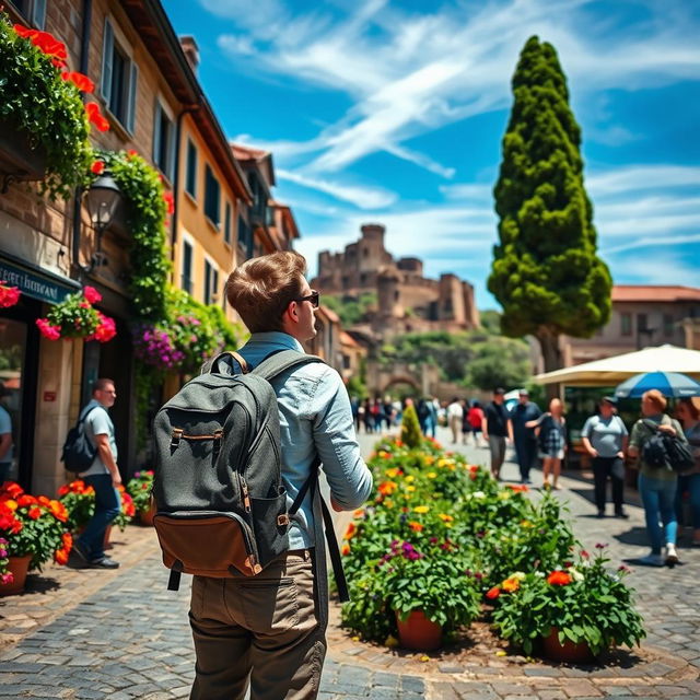 A picturesque scene of a traveler exploring a beautiful destination, standing on a cobbled street lined with historic buildings, surrounded by vibrant flowers and greenery