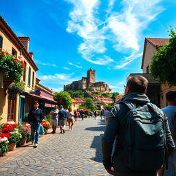 A picturesque scene of a traveler exploring a beautiful destination, standing on a cobbled street lined with historic buildings, surrounded by vibrant flowers and greenery