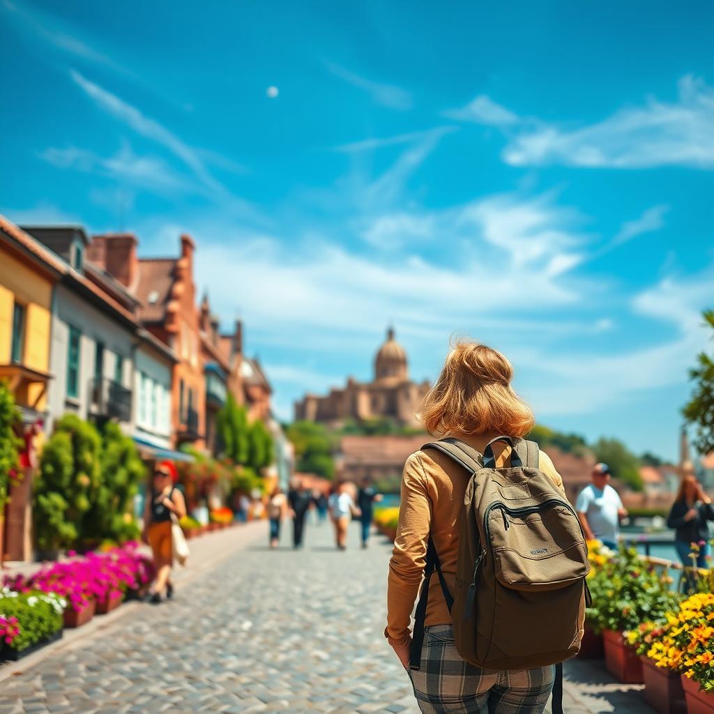 A picturesque scene of a traveler exploring a beautiful destination, standing on a cobbled street lined with historic buildings, surrounded by vibrant flowers and greenery