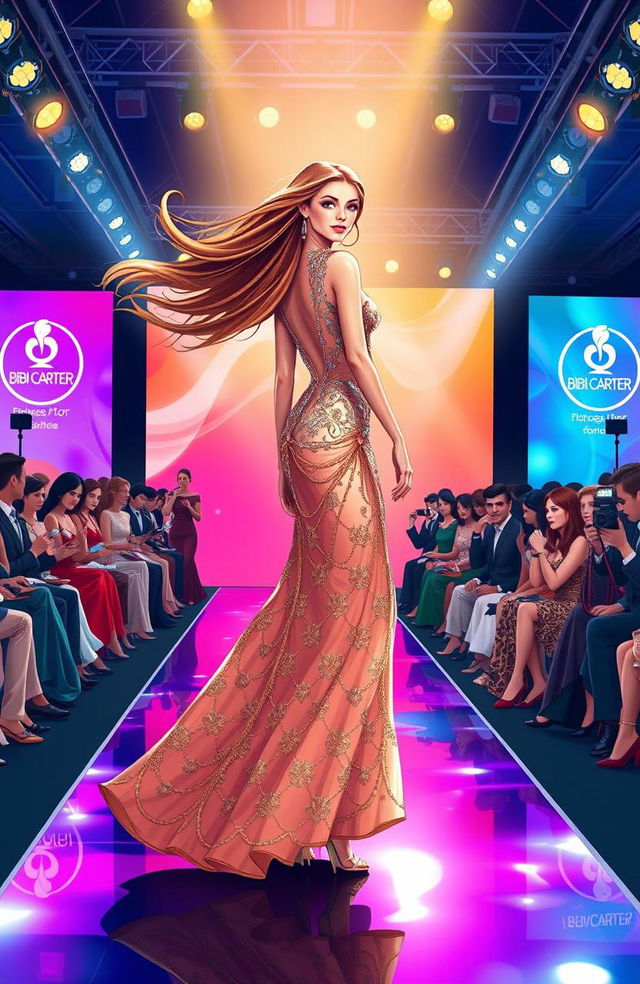 A whimsical fashion illustration set on a vibrant runway, featuring a glamorous model striking a pose in stunning couture attire designed by Bibi Carter