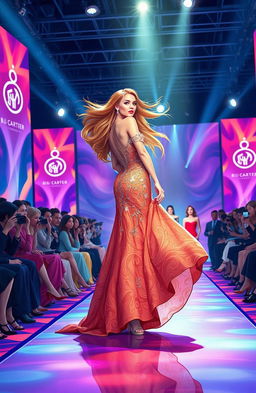A whimsical fashion illustration set on a vibrant runway, featuring a glamorous model striking a pose in stunning couture attire designed by Bibi Carter