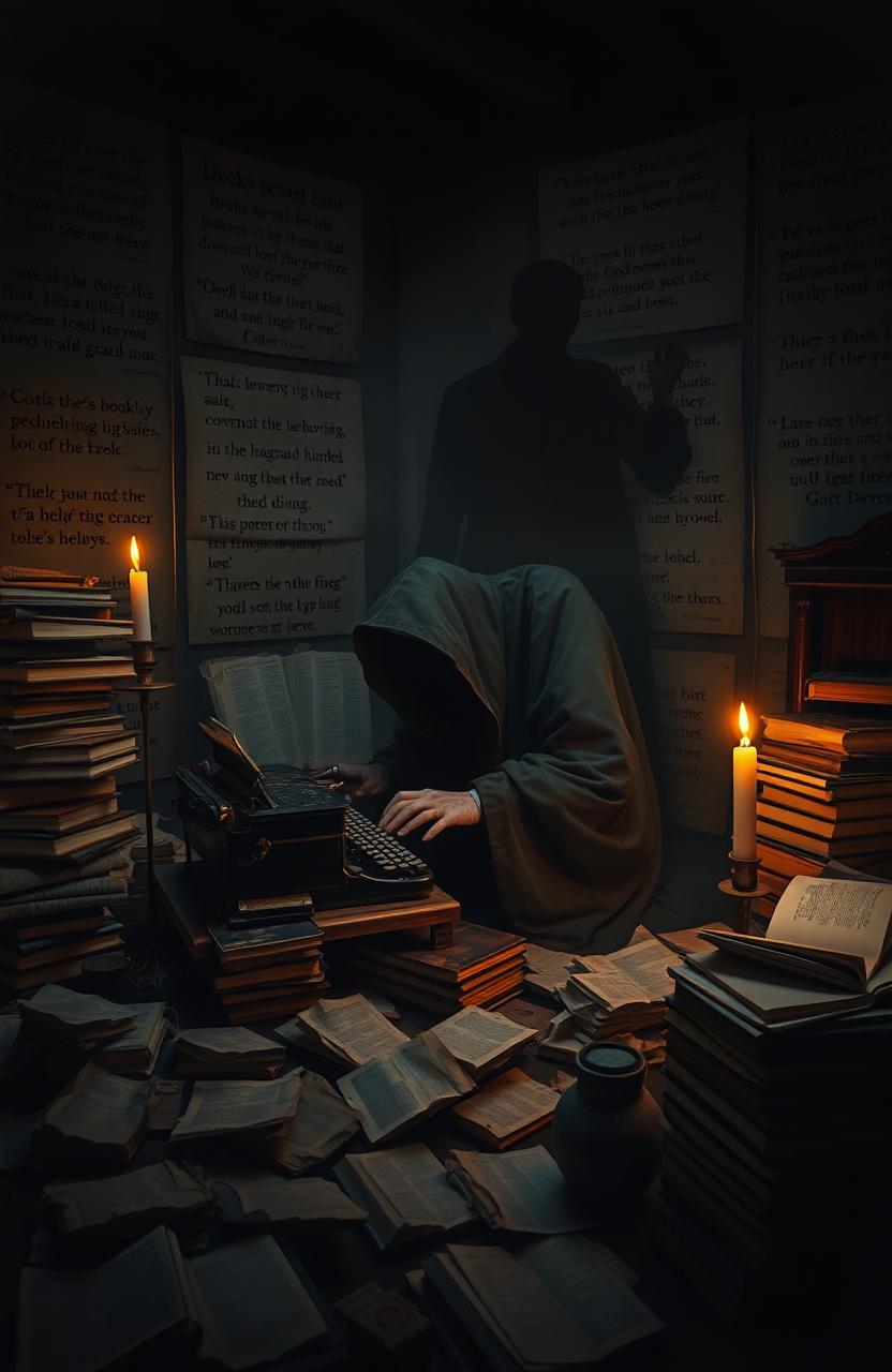 A mysterious ghostwriter in a dimly lit room, surrounded by stacks of old books and crumpled papers