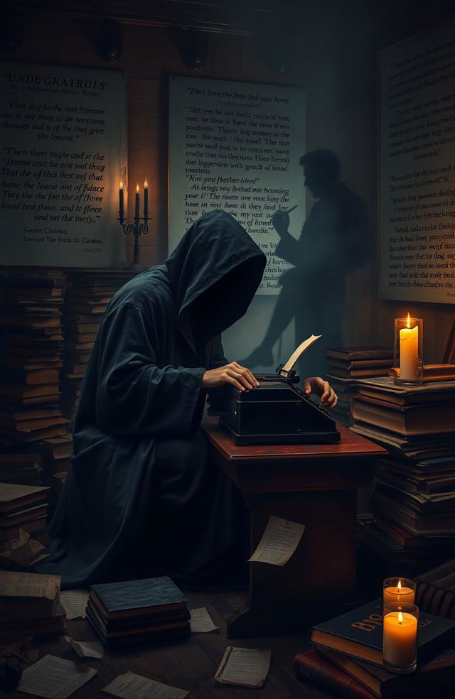 A mysterious ghostwriter in a dimly lit room, surrounded by stacks of old books and crumpled papers