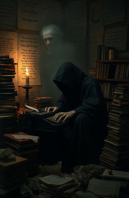 A mysterious ghostwriter in a dimly lit room, surrounded by stacks of old books and crumpled papers