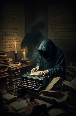 A mysterious ghostwriter in a dimly lit room, surrounded by stacks of old books and crumpled papers